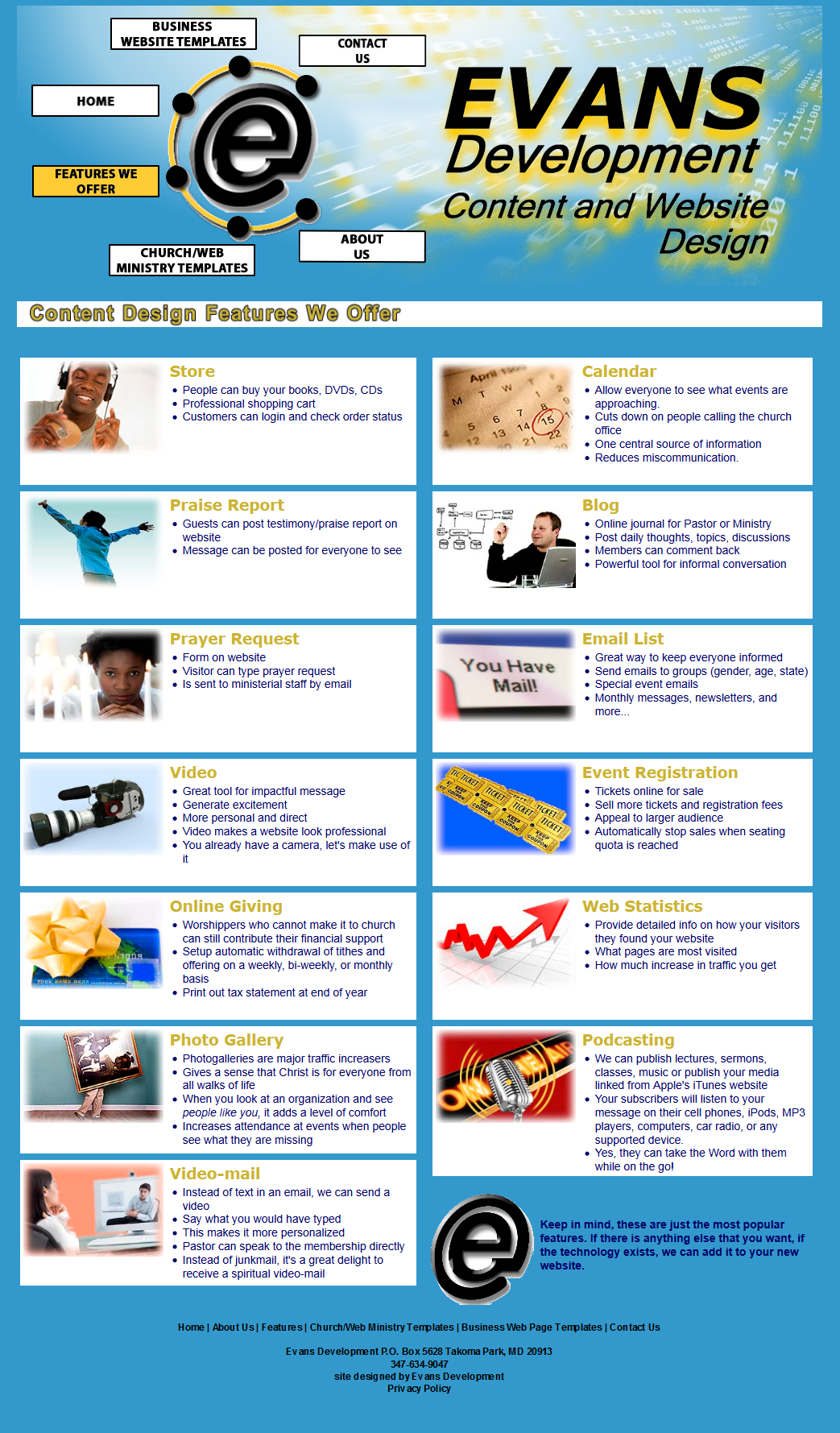 E-Dev Content and Website Design Features Page